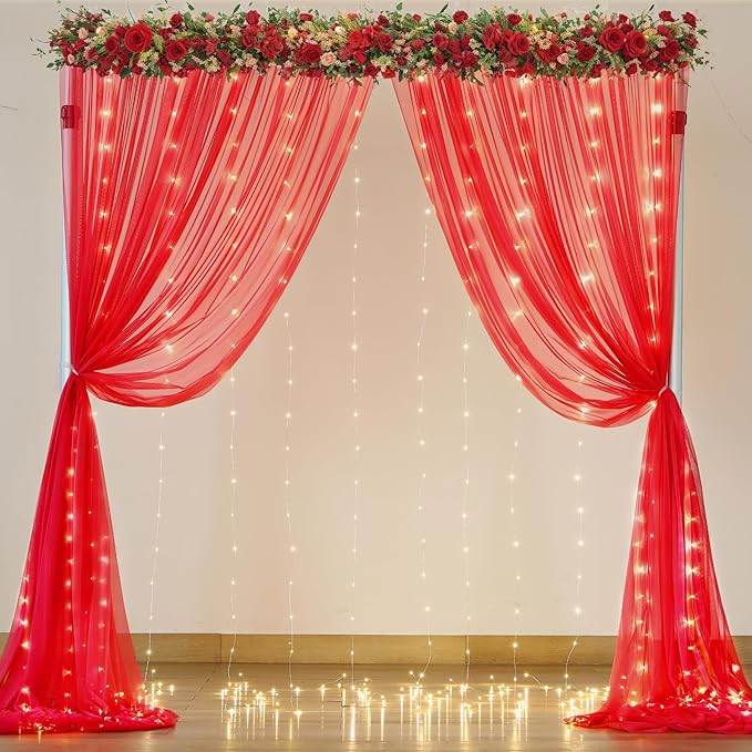 Red Tulle Backdrop Curtain with Lights String for Parites 10x10ft Wrinkle Free Sheer Backdrop Curtains for Birthday Party Bridal Shower Baby Shower Christmas Wall Photo Booth Background Decorations