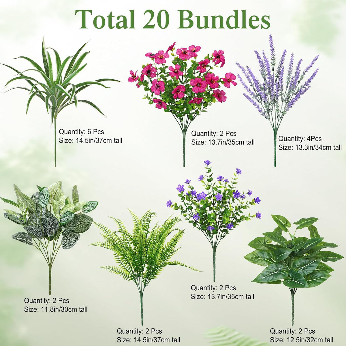 20 Bundles Artificial Plants Outdoor Fake Flowers Faux Greenery Stems