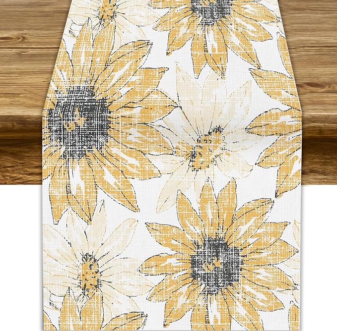 Chrysanthemum Vintage Floral Table Runner, Elegant Grunge Orange Sunflower Spring Summer Elegant Pattern Artichokes Flower Table Runner for Party Kitchen Dining Living Room Decor, 13x70 Inch