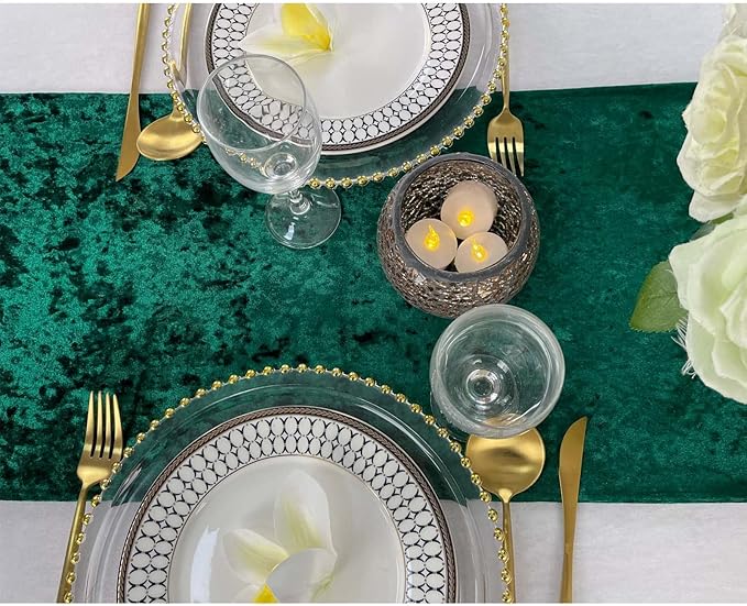 Luxurious Crushed Velvet Table Runner, Wedding Reception Decorations, Soft Velvet Fabric, Table Linen Overlay, Wedding Table Runners (Emerald Green, 12X108 inch)