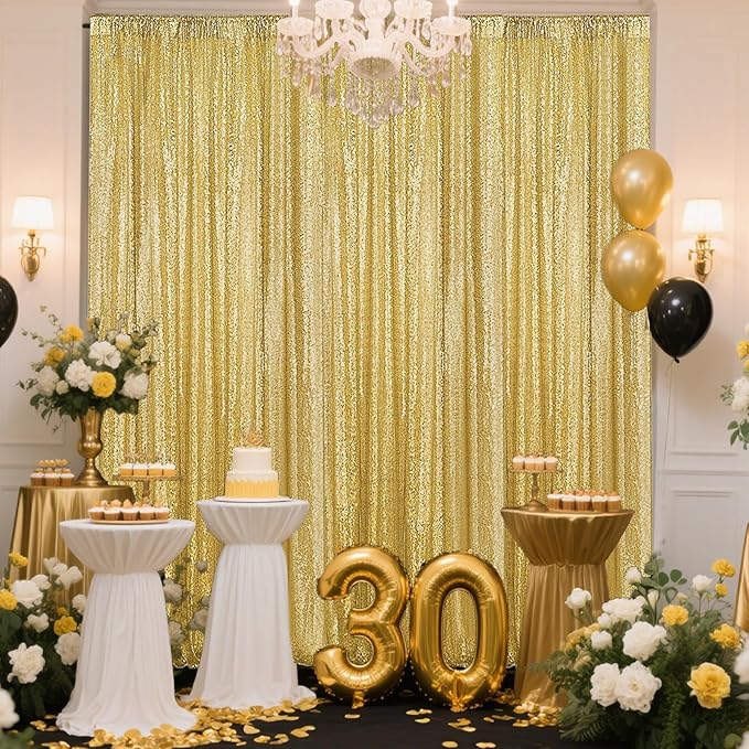 Gold Sequin Backdrop Curtain 4 Pieces 2FTx8FT Glitter Photography Backdrop for Party Wedding Birthday Christmas Decorations