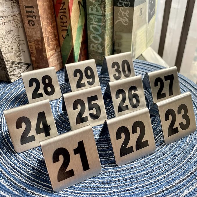 10 Pcs Metal Place Cards Stackable Tent Style Table Numbers，Place Card Holders for Celebration Wedding Party Restaurants Cafes Bars Gatherings meeting Room Board Game Serial (Small 21-30, Black)