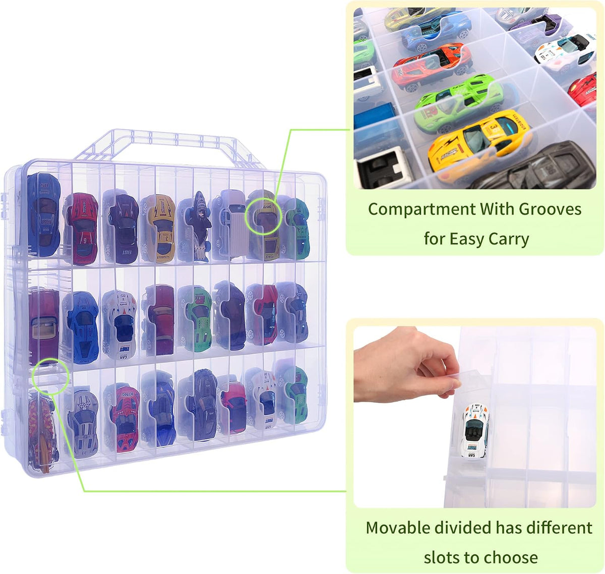 diecast car storage case, 48 slots, clear 1:64 shown in use