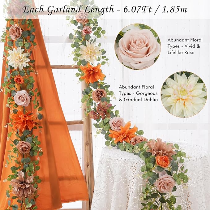 Waipfaru 2Pcs Fall Garland Decor, 6.07Ft Eucalyptus Flower for Table, Fall Floral With Terracotta Flowers for Wedding Arch Backdrop Wall Thanksgiving Decorations (Terracotta)