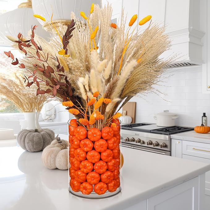 Fall Decor for Home Fall Vase with Boho Flowers Mini Pumpkin Vase Filler Set Rustic Thanksgiving Farmhouse Autumn Decorations Pampas Grass Dried Flower Pumpkin Centerpieces for Tables