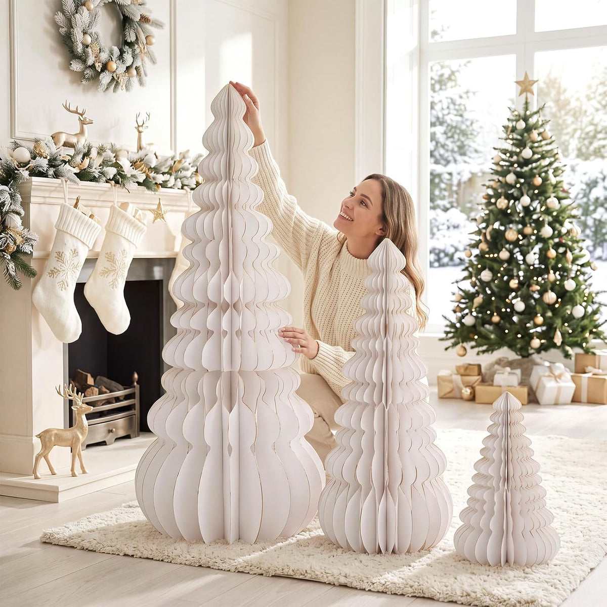 glikceil 3 set large honeycomb paper christmas tree shown in use