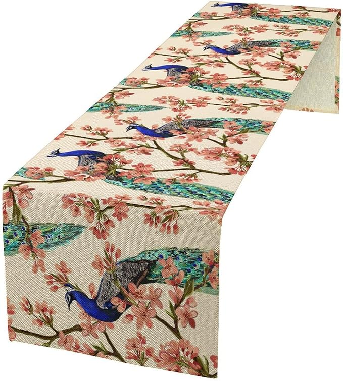 Peacock Table Runner,Spring Floral Peacock Birds Table Runner for Home Kitchen Dining Party Indoor Outdoor Decoration 13x108 Inch