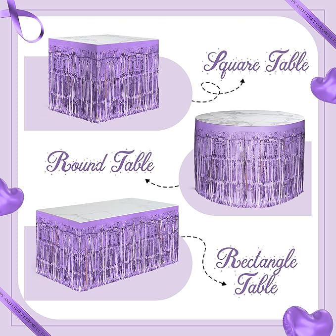 4 Pack Light Purple Table Skirts, 29x108" Metallic Foil Tinsel Fringe Table Skirts for Rectangle Tables Streamer Curtains Backdrop, Party Decorations for Birthdays Weddings Holidays