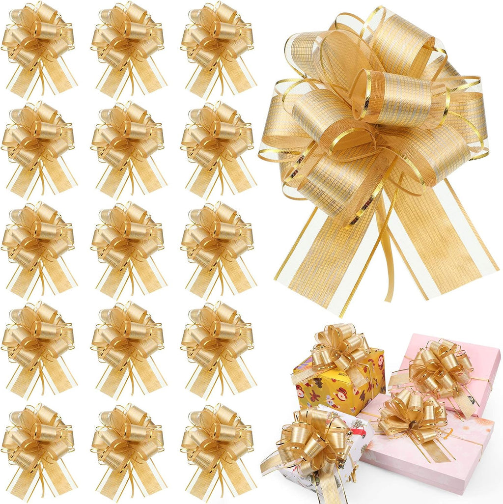 WILLBOND 20 Pcs 6 Inch Pull Bows Gift Wrapping Ribbon Pull Bows for Valentine Wedding Baskets Christmas Multicolor Wrap Accessory for Gift Present Holiday Decor (Gold)