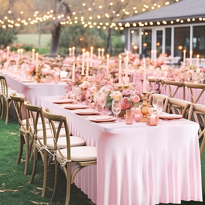 Wish Care 2 Pack Pink Spandex Table Clothes for 6 Foot Rectangle Tables, 6FT Wrinkle Free Fitted Tablecloths Ruffles Design Table Cover for Party, Banquet, Wedding and Events
