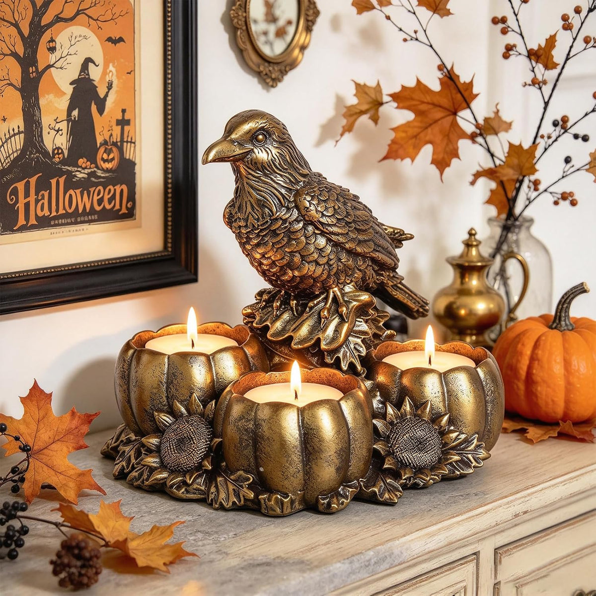 Gold Raven Candle Holders - Crow Vintage Rustic Pedestal Candlesticks, Harves...