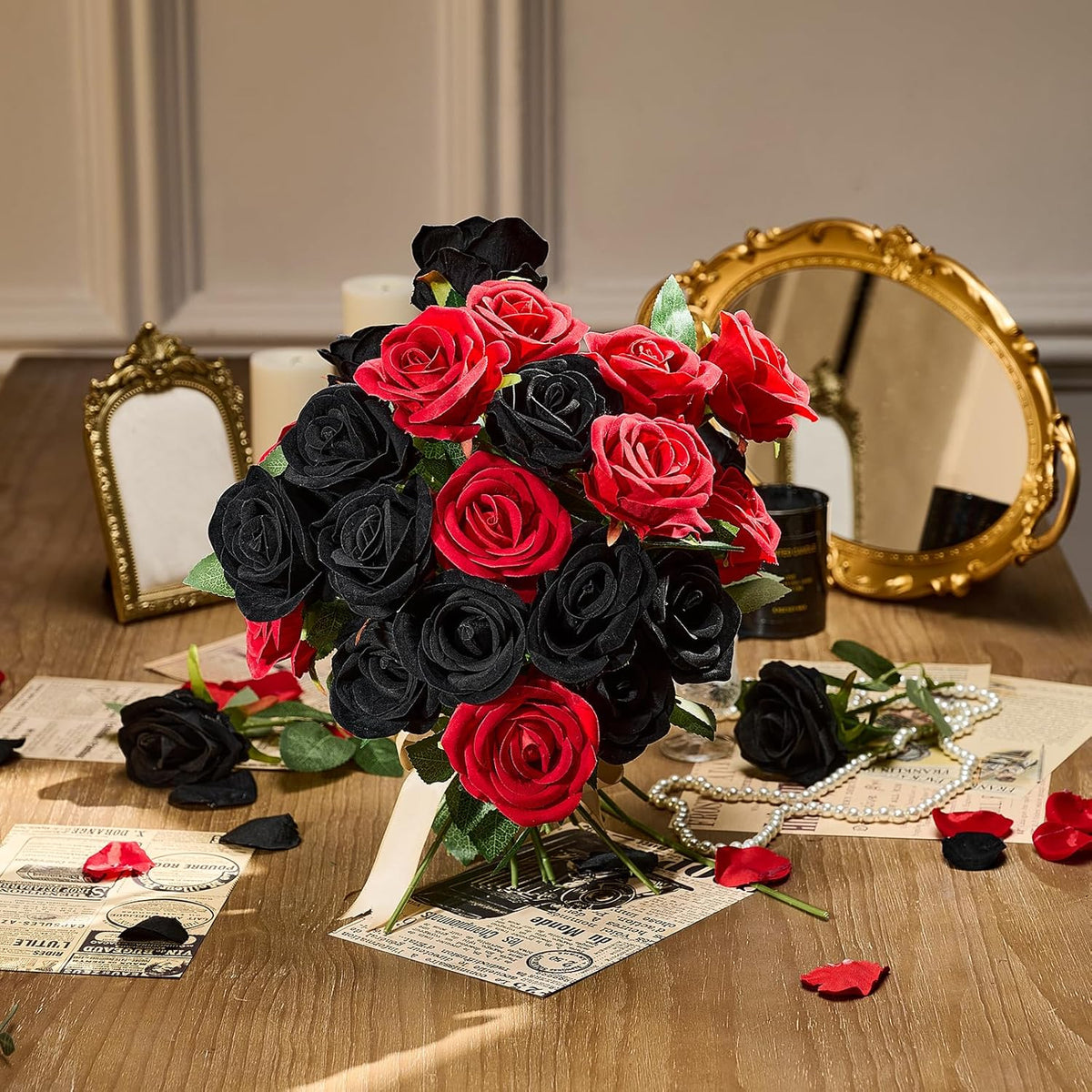 AmyHomie 48 PCS Red Roses, Velvet Realistic Fake Flowers w/Stems