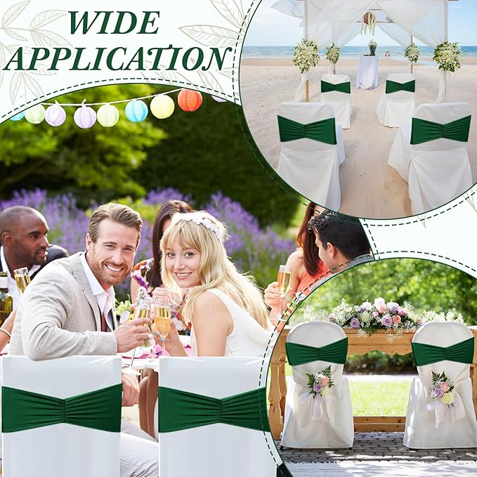 Moukeren 100 Pcs Spandex Chair Sashes Bows Bands Slider Sashes for Chair Covers Elastic Bands Ties Ribbon Decorations for Wedding Party Events Ceremony Birthday Banquet (Dark Green)