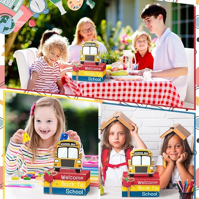 4 Pcs Back to School Table Decorations First Day of School Tiered Tray Decorations Decorative Mini Wooden Books Subject Signs for Office Shelf Classroom Tabletop Bookshelf(Bus)