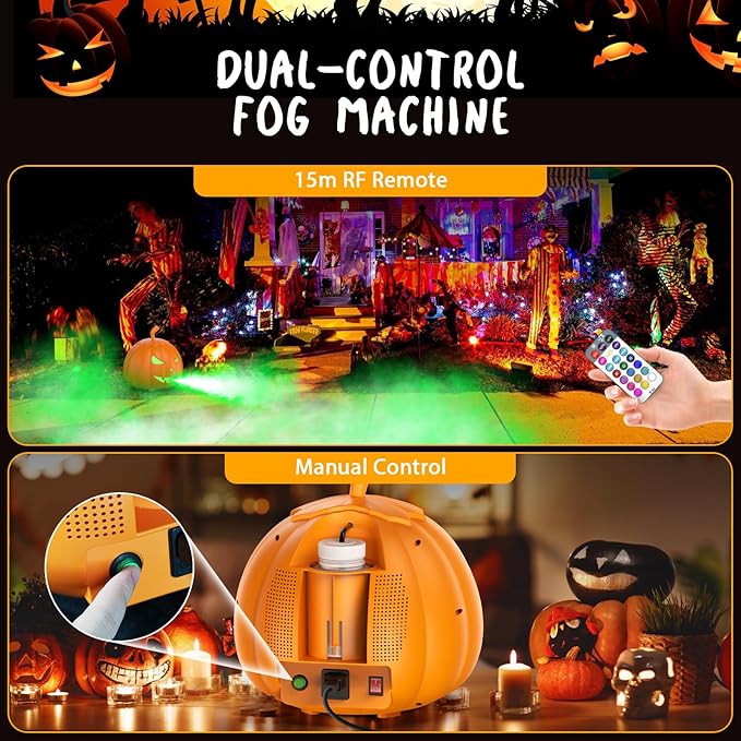 Fog Machine with LED RGB Lights, 800W Halloween Fog Machine with Remote Control, Pumpkin Smoke Machine 12 Colors Lighting Effect for Halloween Show Outdoor Camping Halloween Decorations