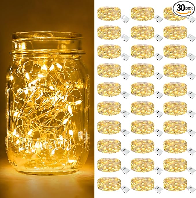 btfarm 30 Pack Fairy Lights Battery Operated [3 Modes], 7ft 20 Led Twinkle Lights String Lights Waterproof Bulk Small Mini Silver Wire for Christmas Mason Jars Wedding Table Centerpiece, Warm White