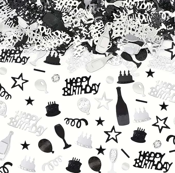 VHUWE Happy Birthday Confetti, 1.6 oz Black Silver Cake Balloon Star Goblet Bottle Confetti for Happy Birthday Party Decorations Boys Girls Kids Women Men Birthday Table Decorations | Black Silver