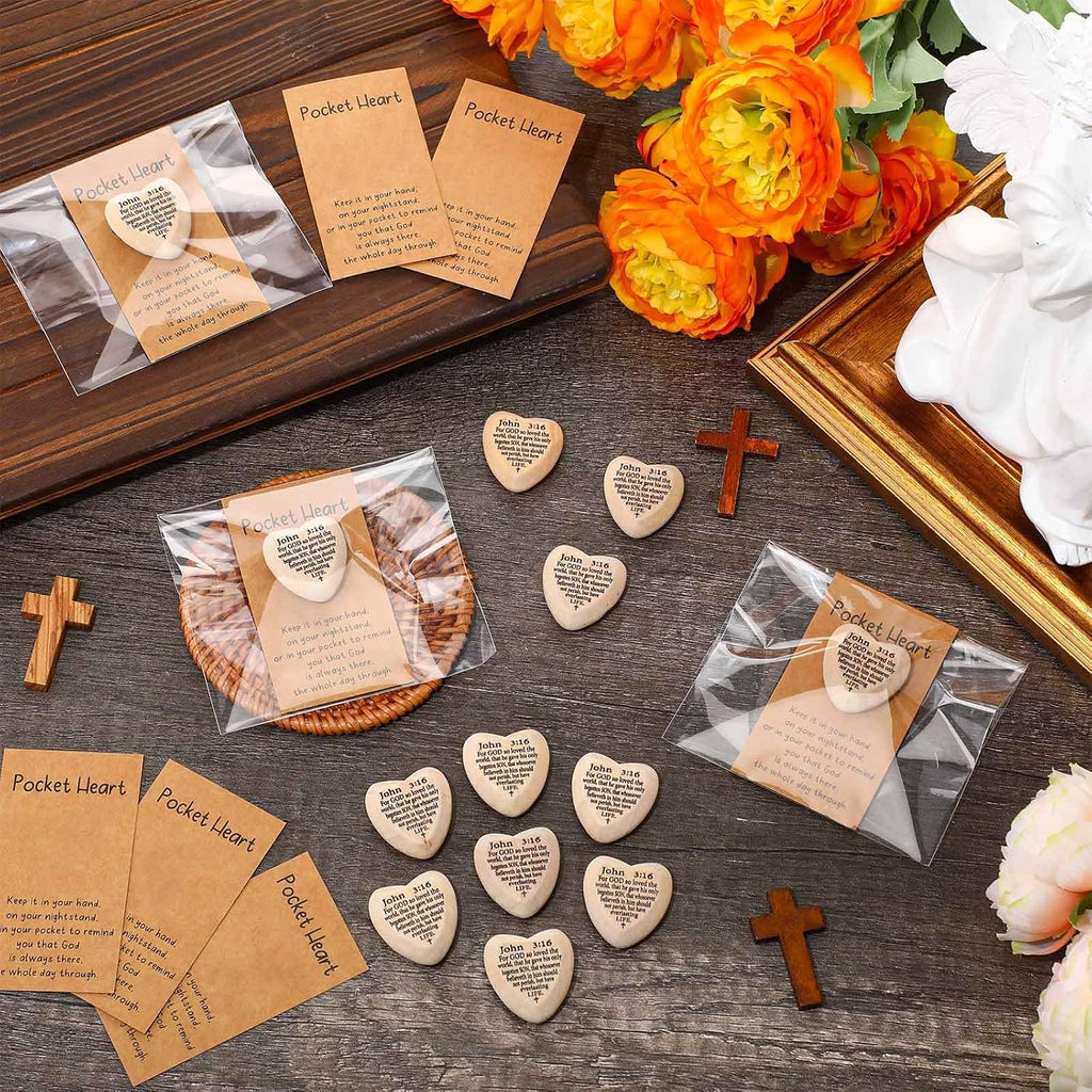 Leinuosen Christian Gifts John 3: 16 Pocket Hug Heart Token Wooden Bible Verses Token with Prayer Cards for Church Supplies(30 Set,Wood)