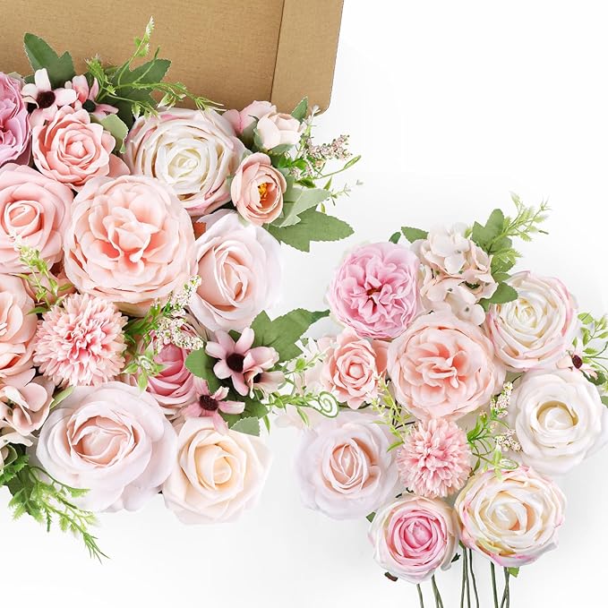AmyHomie Blush Pink Artificial Flowers Combo Silk Rose Fake Flowers w/Stem for DIY Wedding Bouquets Centerpieces Arrangements Table Fall Decor Party Bridal Baby Shower Home Decorations