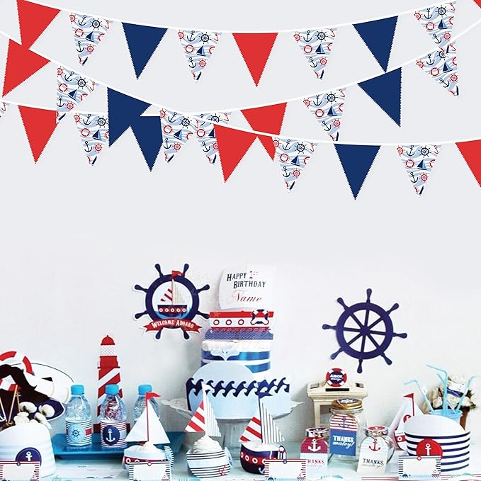 32Ft Nautical Party Decorations Red Blue White Nautical Themed Fabric Banner Triangle Pennant Flag Garland Streamers for Kids Boys Ocean Birthday Ahoy Achor Pirate Baby Shower Outdoor Garden Supplies