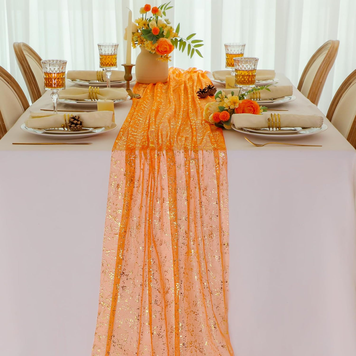 10Pcs Orange Gold Table Runner Metallic Foil Shimmer Sheer Gauze Decor 10ft