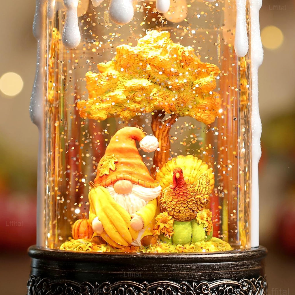 Fall Snow Globe Lantern Fall Decor Candle Shape with Gnome and Turkey, Lighted Thanksgiving Decorations with Timer Swirling Glitter for Tabletop Autumn Festival Harvest Day