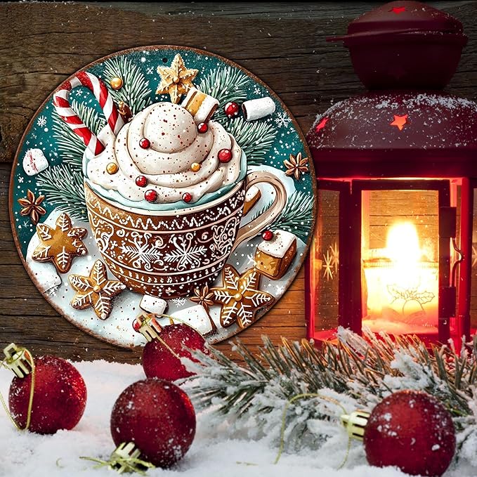 Round Christmas Signs Hot Cocoa Bar Metal Tin Sign Christmas Decor For Home Vintage Christmas Coffee Cocoa Tin Sign Hot Chocolate Bar Sign 12 * 12 in