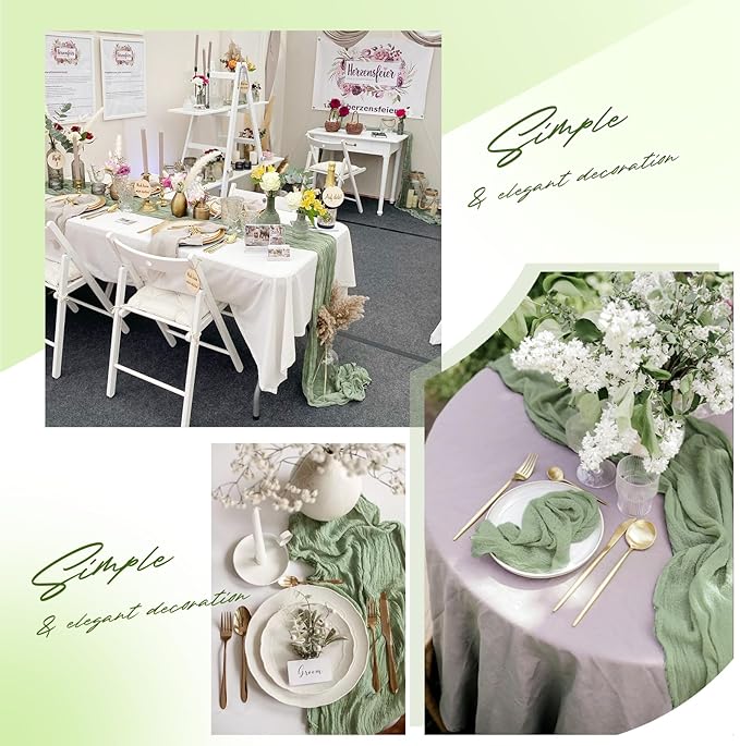 Aktor 4 Pack Sage Green Table Runner Boho Cheesecloth Table Runner Semi Sheer Gauze Fabric Runners for Wedding Birthday Baby Shower Party Boho Table Decoration（Sage Green）