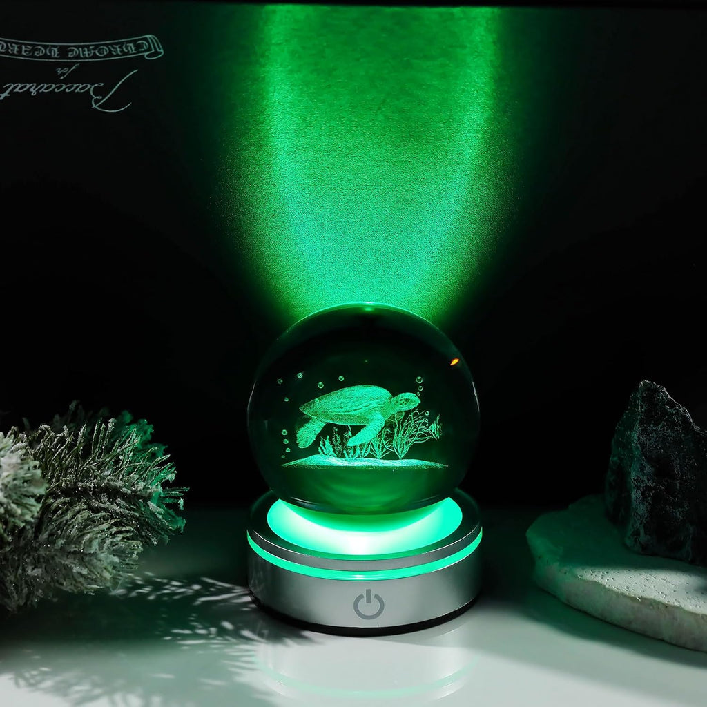 Movdyka Sea Turtle Gifts for Women Men 3D Sea Turtle Decor Statue | Turtle Crystal Ball Night Light Laser Engraved Sea Turtle Ornament Figurine Glass Snow Globe Room Decorations Crafts