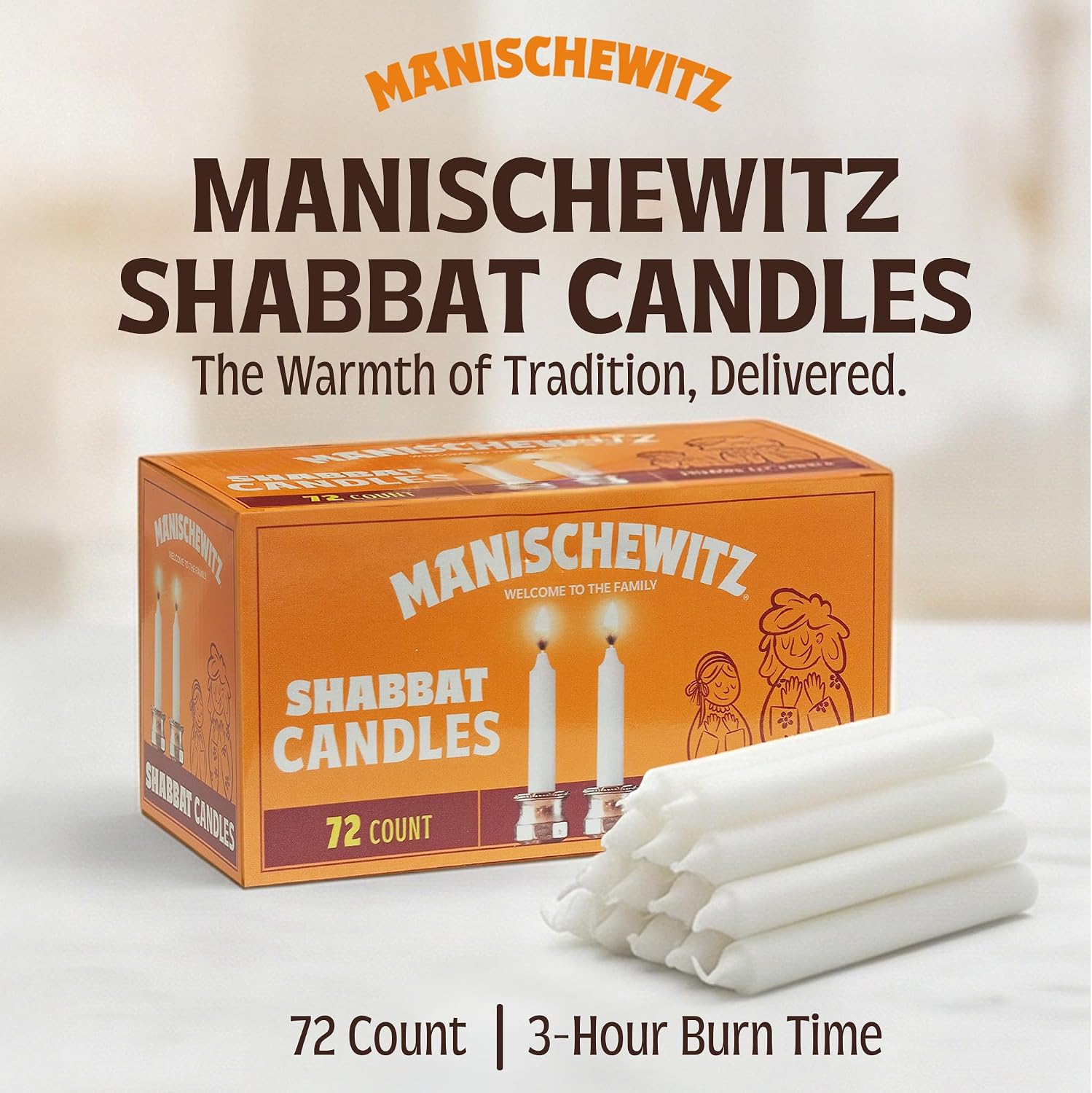 Manischewitz Shabbat Candles 72 Count | Burns for 3 Hours, Fits Standard Candlestick Holders, Perfect for Shabbos and Holidays