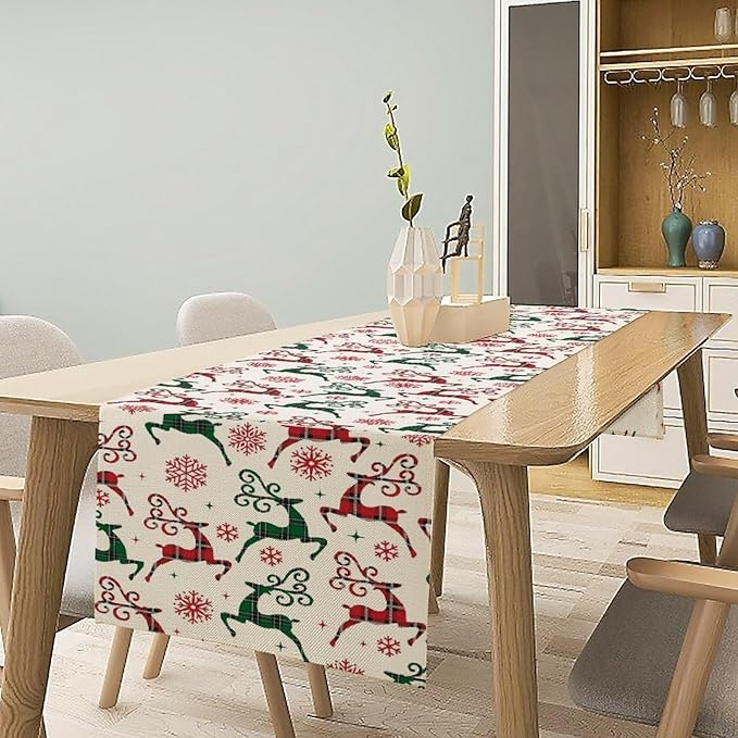 Christmas Table Runner,Christmas Plaid Deer Print Farmhouse Table Cloth Kitchen Dining Table Decoration for Home Party Decor 13x90 Inch