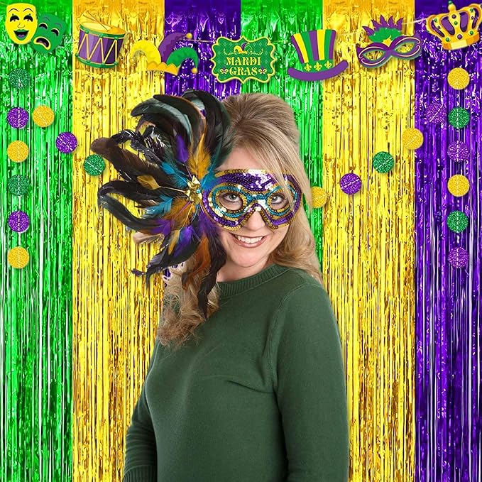 6 Pack Gold Green Purple Foil Fringe Curtains Backdrop, 3.28 x 8.2 Ft Metallic Streamers Tinsel Curtains Background for Photo Booth, Birthday, Weddings, Carnivals, Graduation, Themed Party Decorations