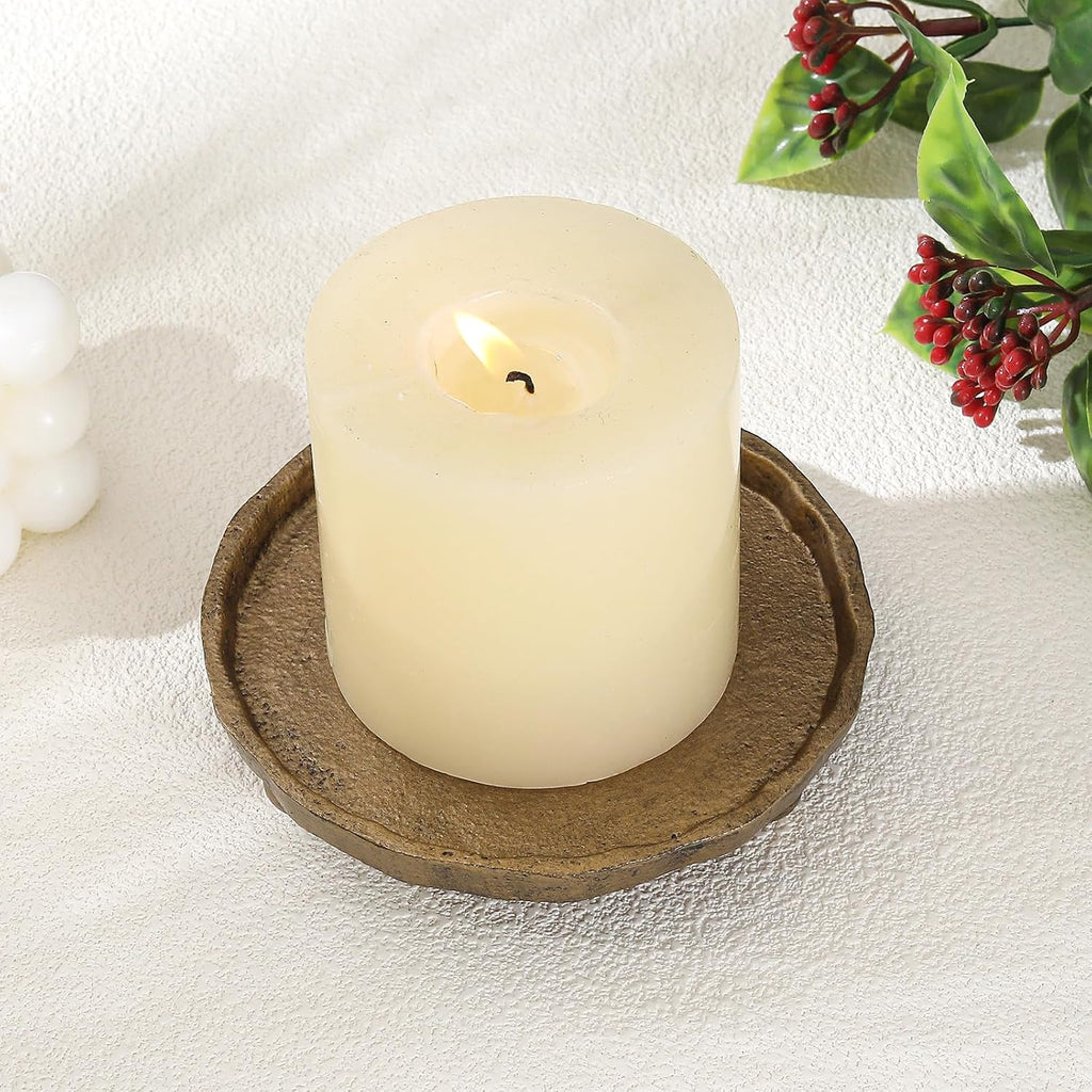Vintage Cast Iron Pillar Candle Holder Plate, Rustic Brass Candle Tray – Round Candle Base Stand for Small Pillar Candles, Table Centerpiece & Home Decor Accent