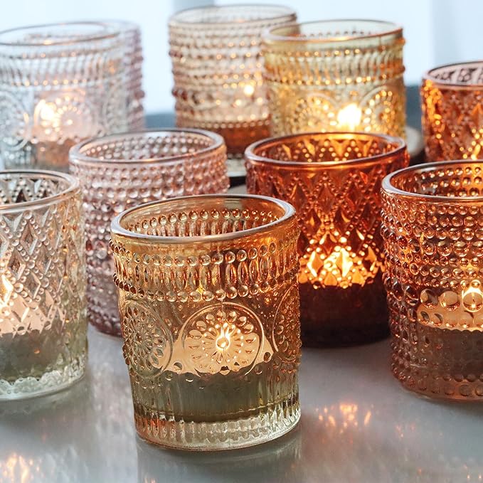 12 pcs Glass Votive Candle Holders, 6 Colors 3 Patterns Tealight Candle Holders for Fall Wedding Table Centerpiece Birthday Decoration