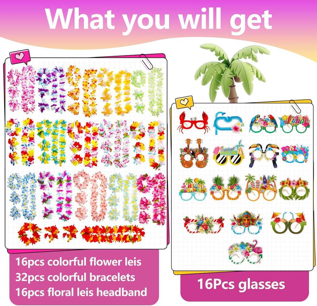 Atonofun 80 PCS Leis for Luau Party Decorations- Hawaiian Leis Bulk, Luau Party Glasses, Colorful Bracelets, Flower Headbands for Adults Tropical Birthday Summer Beach Luau Party Favors Supplies