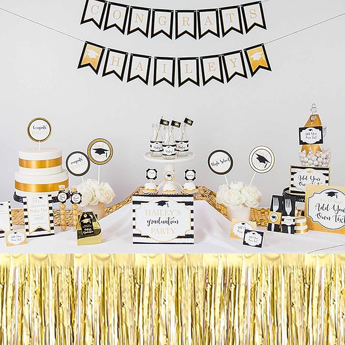 3 Pack 29 x108 Inch Light Gold Foil Fringe Table Skirts Metallic Banner for Tinsel Streamer Garland Backdrop for Parade Floats Mother's Day, Graduate, Birthday, Wedding Party Decoration