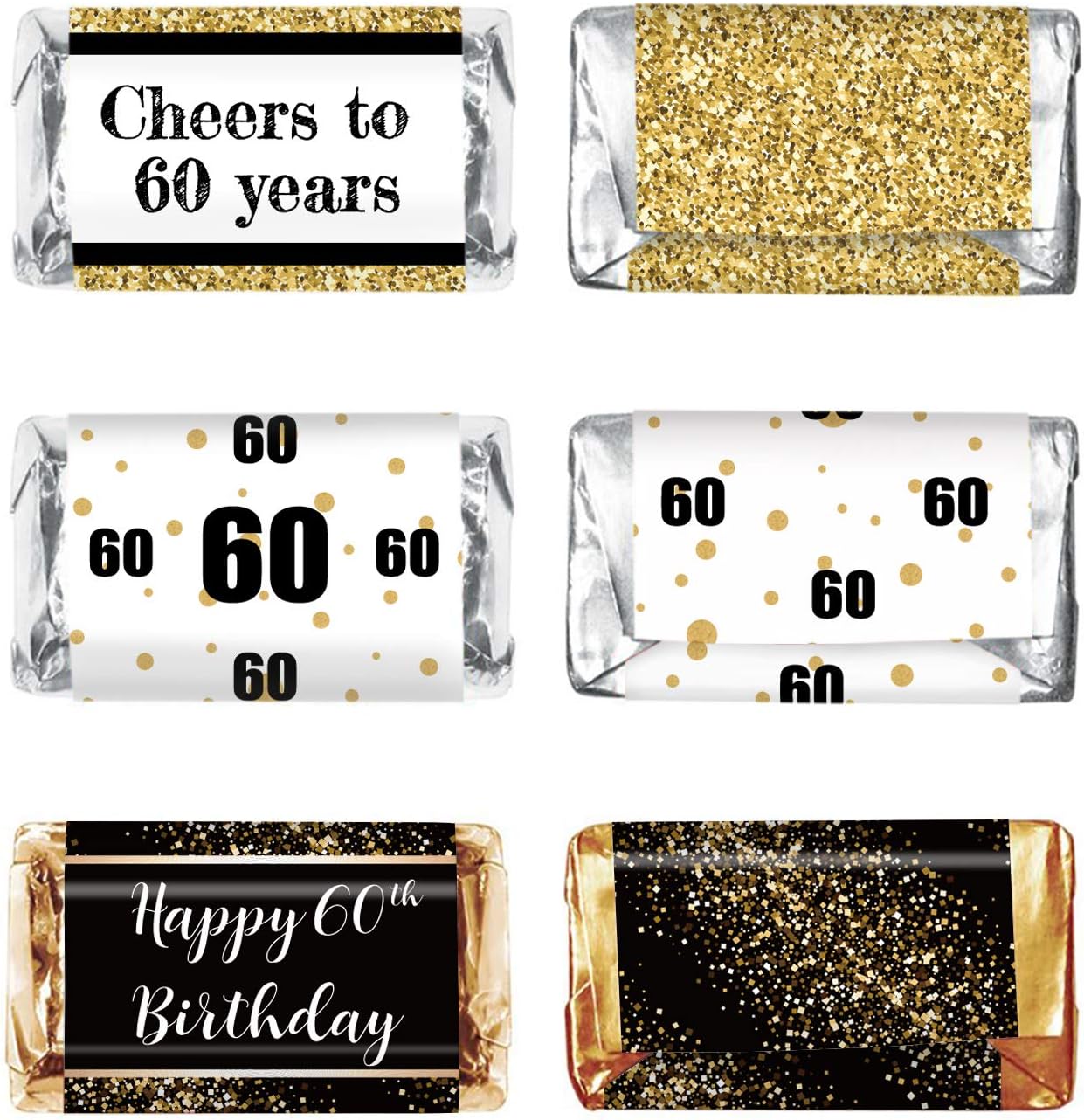Black & Gold 60th Birthday Party Mini Candy Bar Wrapper Stickers - 60th Birthday Party Favors - Pack of 54