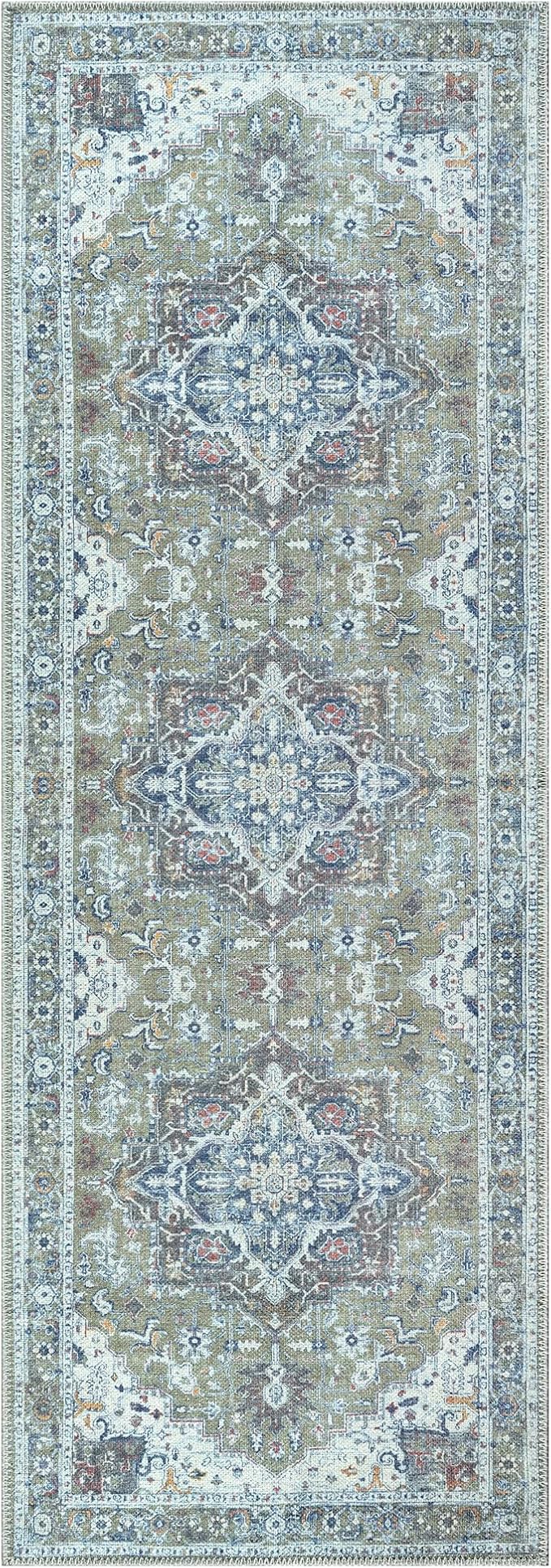 Bloom Rugs Washable Non-Slip 12 ft Runner - Green/Blue Traditional Medallion Runner for Entryway, Hallway, Bathroom, and Kitchen - Exact Size: 2.5' x 12'