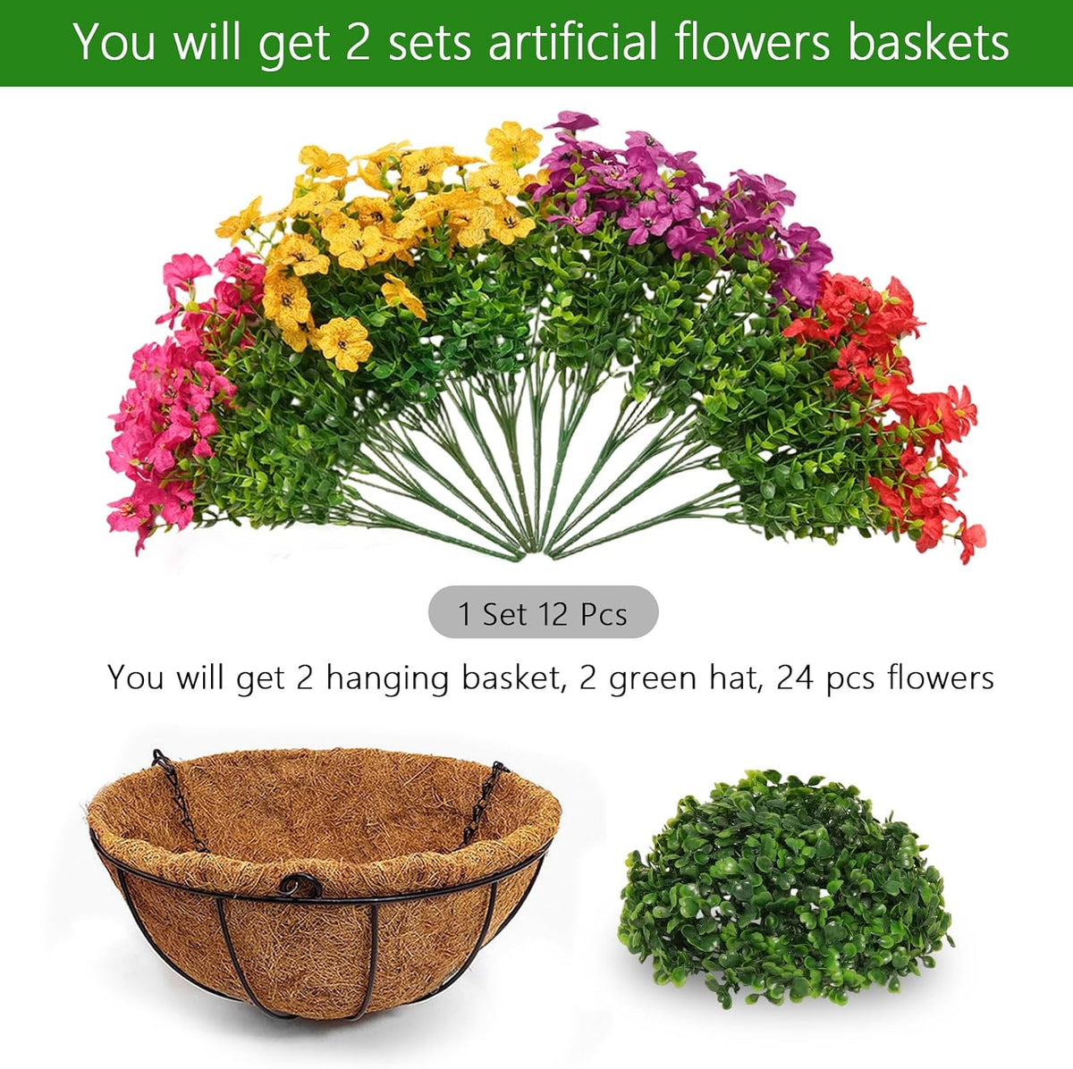 2 set artificial hanging flowers with baskets for, side view