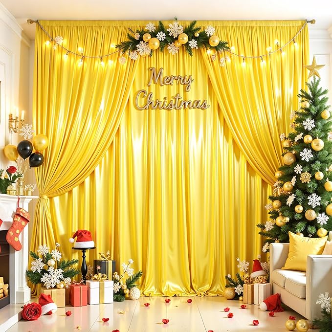 10x10 ft Yellow Gold Glitter Backdrop Curtain for Parties, Wrinkle Free Glitter Photo Backdrop Drapes 2 Panels 5x10FT Shimmer Back Drop Cloth for Wedding Birthday Stage Photography Background