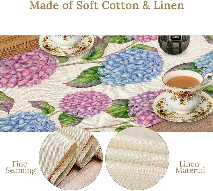 Spring Hydrangea Flower Table Runner, Seasonal Summer Plants Watercolor Pink Purple Florals Dinner Runner for Home Kitchen Dining Table Party Holiday Decoration 13"x70"