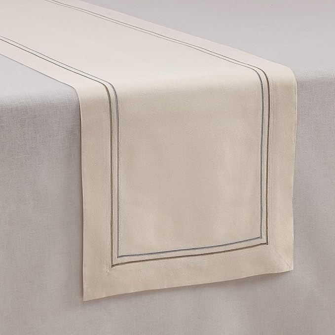 Cotton Linen Table Runner 90 Inches Long – Summer Beige Table Runner 14 x 90 Inch – Washable Fabric Farmhouse Runner Line Embroidery – Wedding Decoration, Git