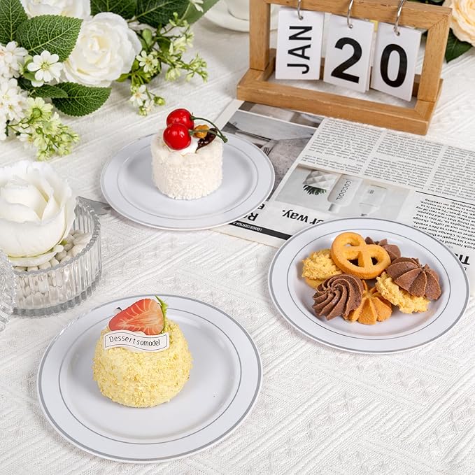 bUCLA 200PCS Silver Plastic Plates - 6.25inch White with Silver Trim Disposable Salad/Dessert/Appetizer/Small Cake Plates - Ideal for Wedding & Party