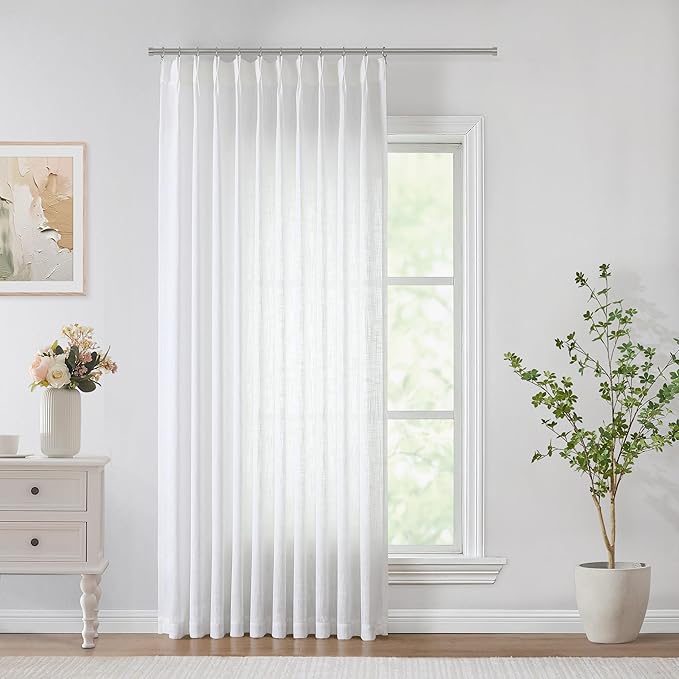 Vision Home White Pinch Pleated Semi Sheer Curtains Textured Light Filtering Window Curtains 102 inch for Living Room Bedroom Patio Rayon Blended Pinch Pleat Drapes with Hooks 1 Panel 60" Wx102 L