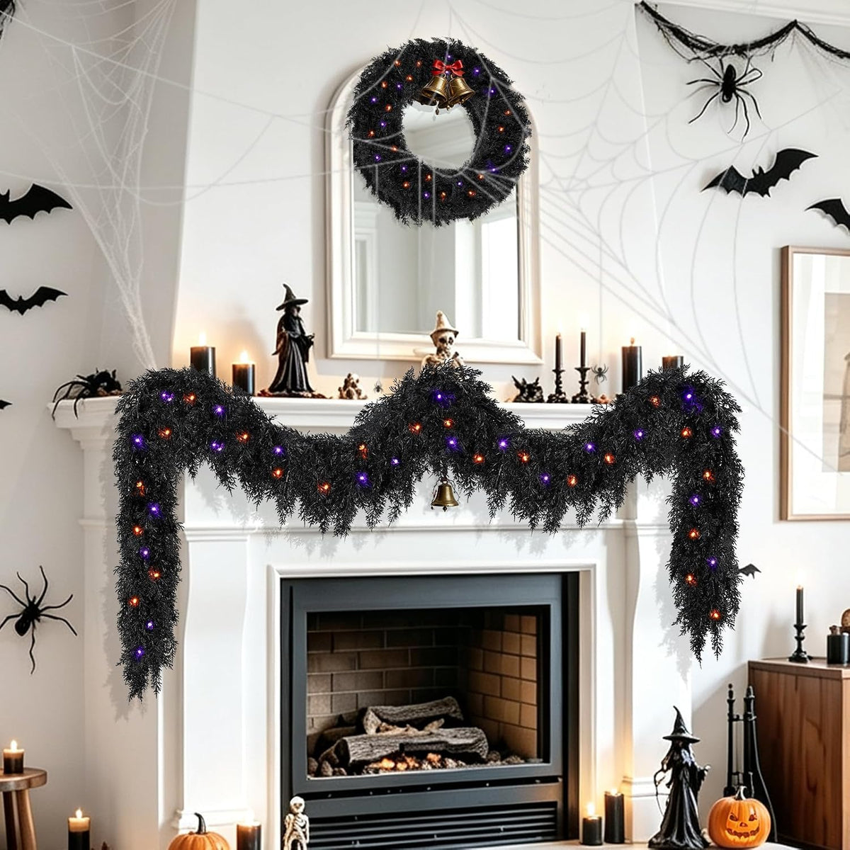 9ft Black Cedar Halloween Garland for Mantle, Soft Touch with Timer Lights