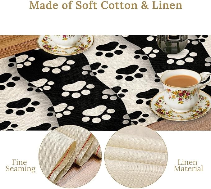 Dog Paw Table Runner,Kid Cute Animal Footprint Black White Theme Design Print Tablecloth Burlap for Hotel Indoors Outdoor Dining Room Kitchen Home Decor,W13X L36 in