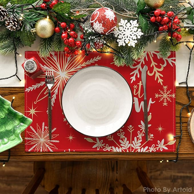 Artoid Mode Red Snowflake Let It Snow Winter Placemats for Dining Table, 12 x 18 Inch Seasonal Christmas Washable Table Mats Set of 4