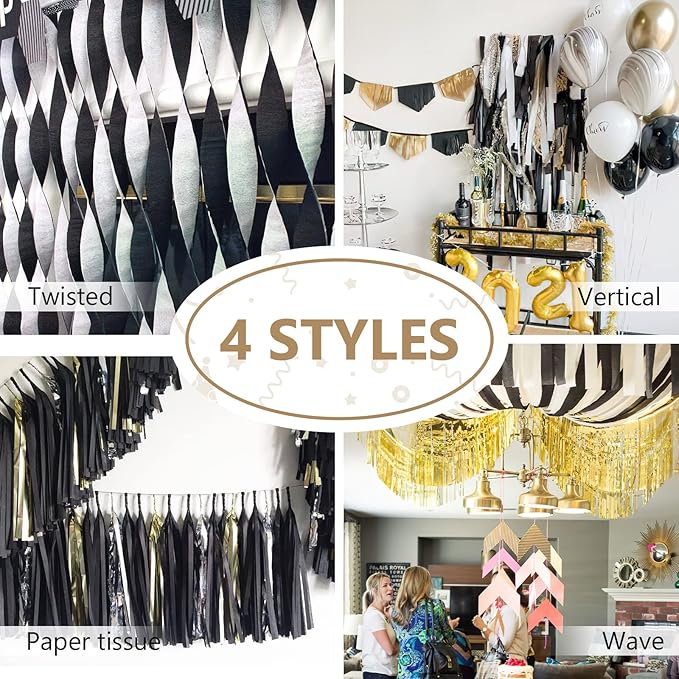 PartyWoo Crepe Paper Streamers 4 Rolls 328ft, Pack of Black and Gold Crepe Paper for Party, Wedding, Birthday, New Year's Eve Decorations (1.8 Inch x 82 Ft/Roll)