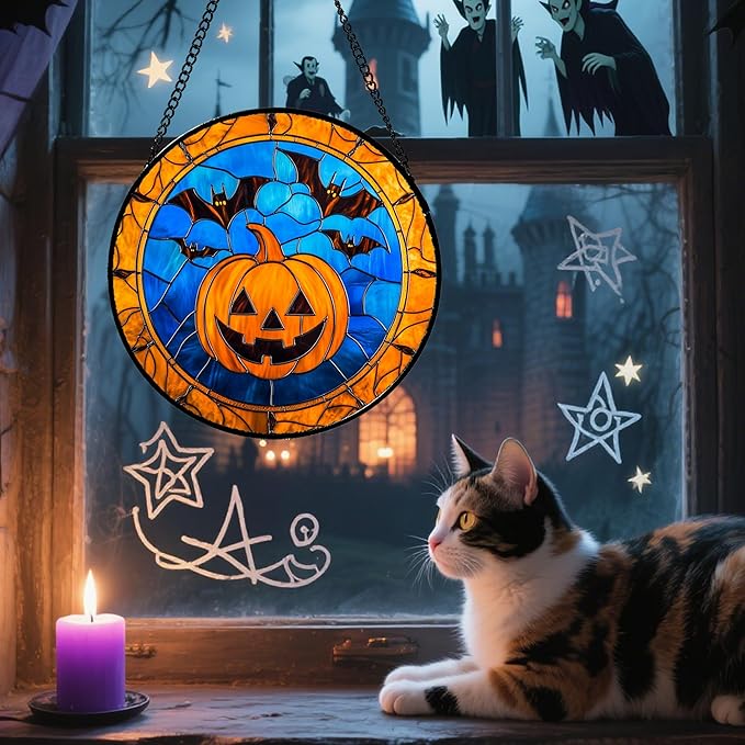 Stained Glass Window Hanging - Halloween Evil Pumpkin Suncatcher for Doors Window Garden Indoor Spooky Brown Bat Sun Catchers Gothic Decor Horror Gifts for Women Men Friend Boy Girl 9.8 in