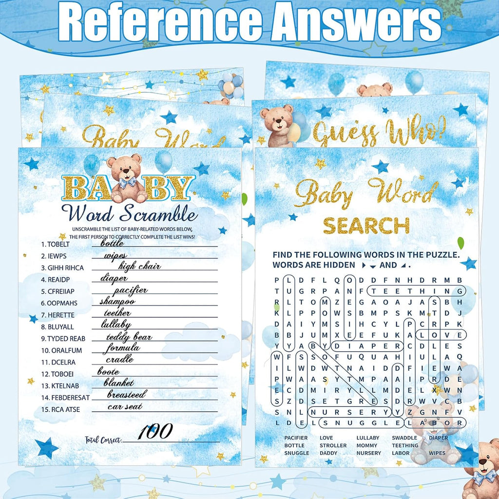 Funnymoom 426 Pcs Blue Theme Bear Baby Shower Decorations Games Set-8 Games Includes Bearly Wait Baby Shower Decorations Bingo Prediction and Advice How Big is Mommy's Belly Don't Say The Words